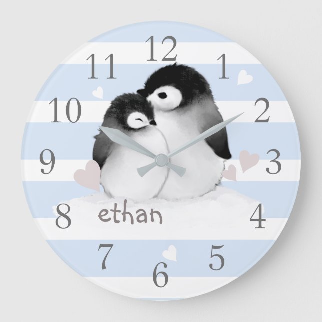 Blue Gray Stripes Penguin Nursery Wall Clock (Front)