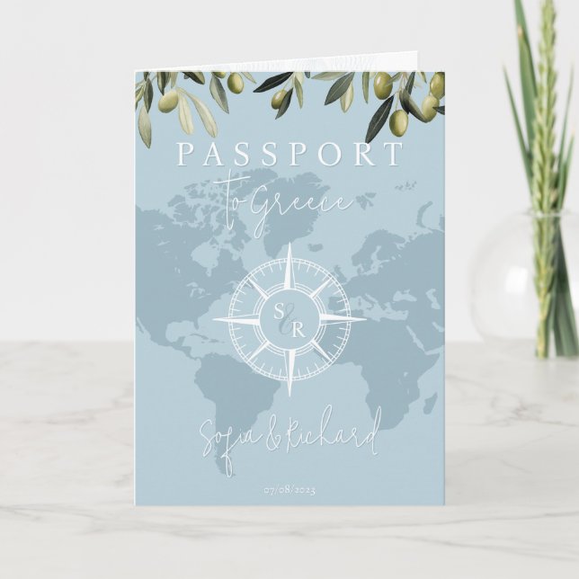 Blue Greece Wedding  Passport World Map Compass Invitation (Front)