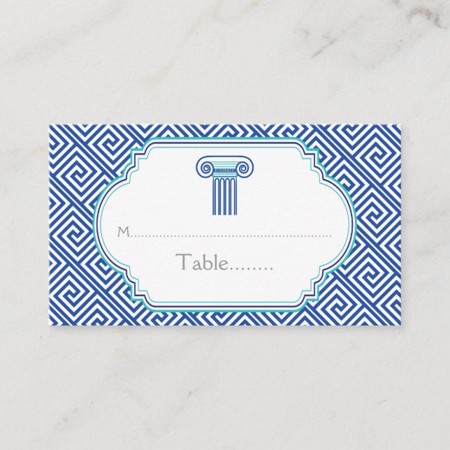 Blue Greek key and column wedding place card (Front)