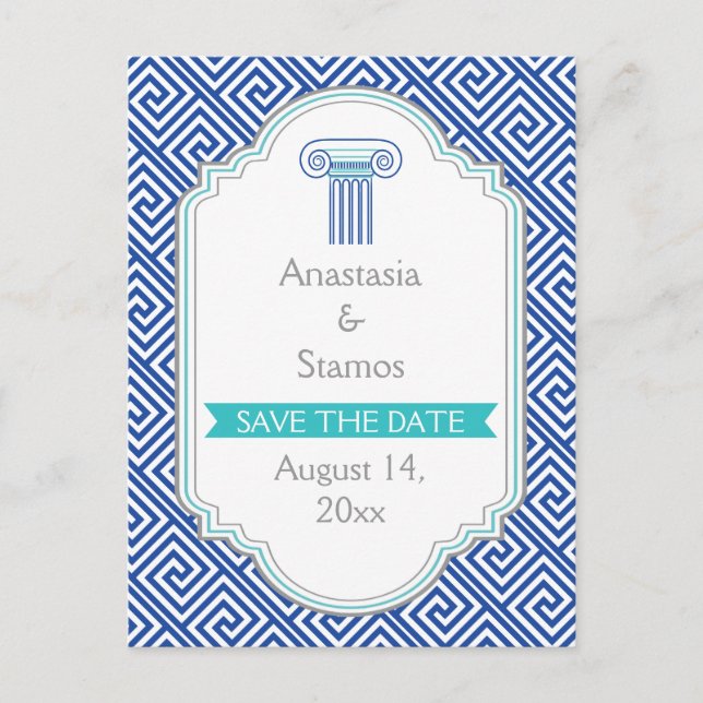 Blue Greek key and column wedding Save the Date Announcement Postcard (Front)