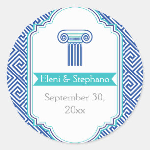 Blue Greek key and column wedding Save the Date Classic Round Sticker