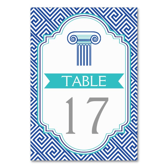 Blue Greek key and column wedding table number (Front)