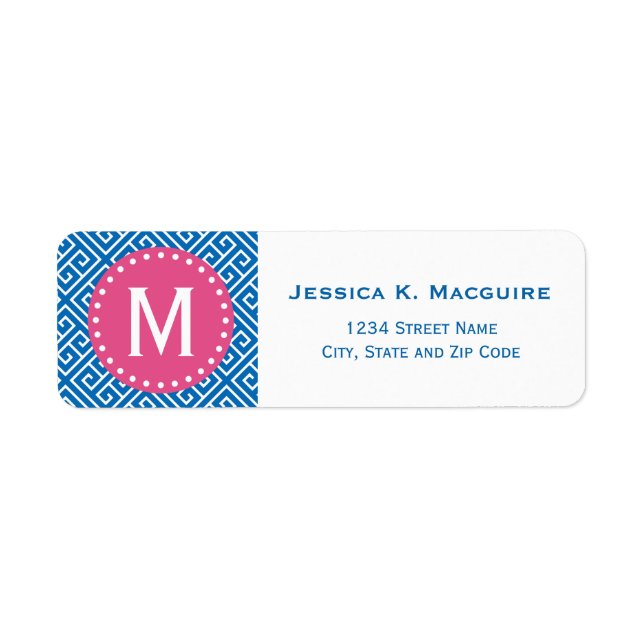 Blue Greek Key Pattern Pink Monogram Frame (Front)