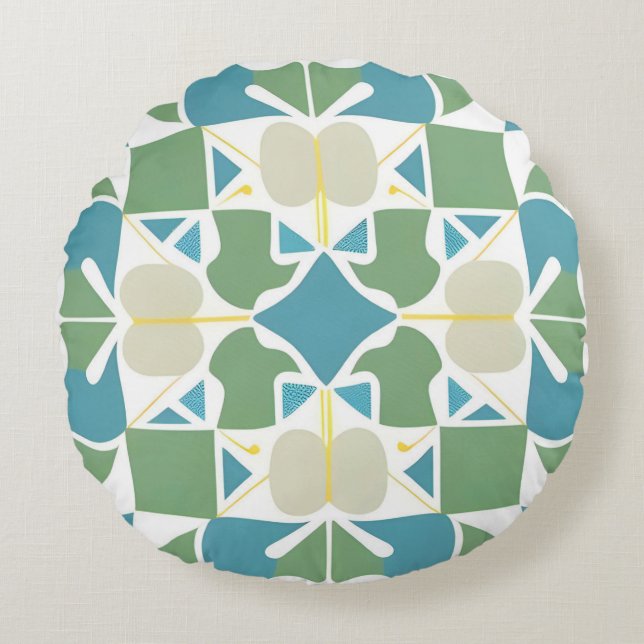 Blue Green Abstract Geometry For Modern Spaces Round Pillow (Front)
