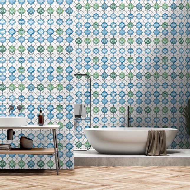 Blue Green Abstract Tile Pattern Wallpaper (Bathroom)