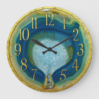 Blue & Green Agate Geode with Crystals Gold Detail Large Clock
