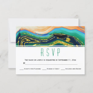Blue green agate gold foil geode wedding RSVP Card