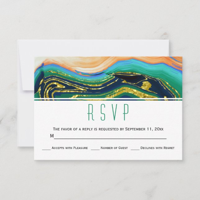 Blue green agate gold foil geode wedding RSVP Card (Front)