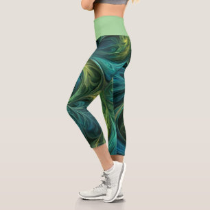 Blue Green AI Fractal Pattern Capri Leggings