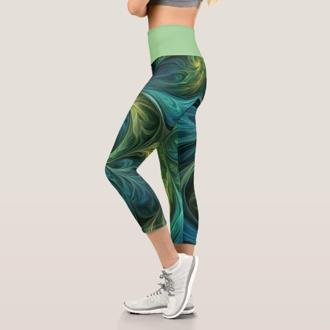 Blue Green AI Fractal Pattern Capri Leggings (Left)