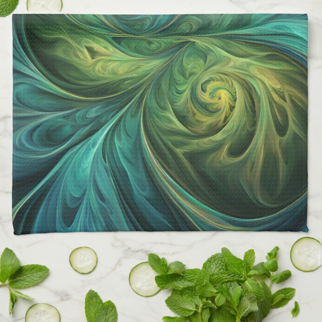 Blue Green AI Fractal Pattern Kitchen Towel (Folded)