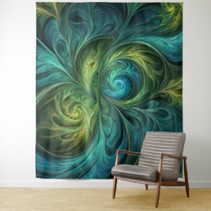 Blue Green AI Fractal Pattern Tapestry