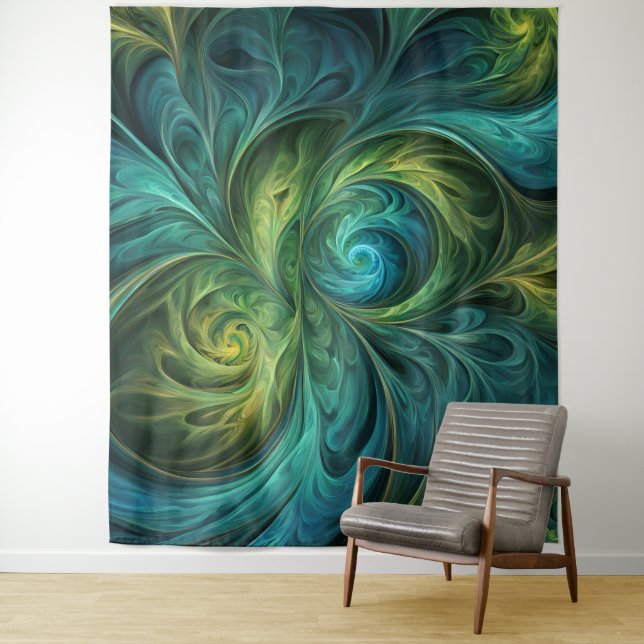Blue Green AI Fractal Pattern Tapestry (In Situ)