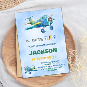 Blue Green Airplane Birthday Invitations