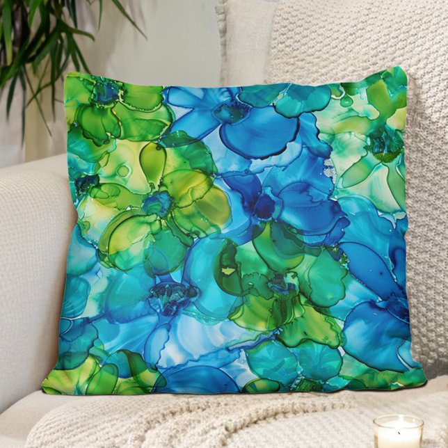 Blue Green Alcohol Ink Flowers Throw Pillow (Blue and green alcohol ink floral pillow)