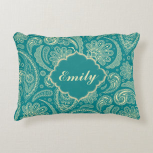 Blue-Green And Beige Creme Vintage Paisley Accent Pillow
