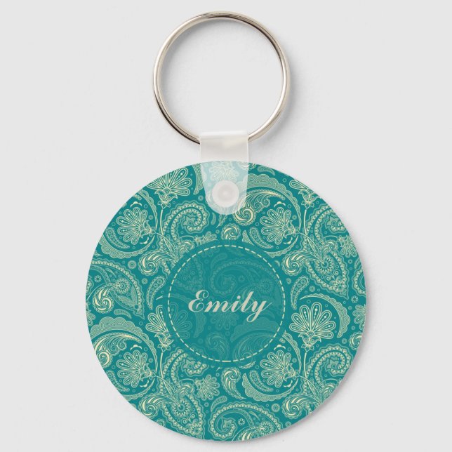 Blue-Green And Beige Creme Vintage Paisley Keychain (Front)