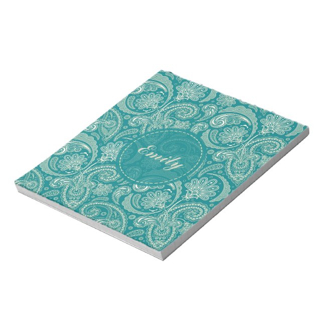 Blue-Green And Beige Creme Vintage Paisley Notepad (Rotated)