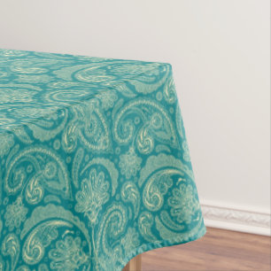 Blue-Green And Beige Creme Vintage Paisley Tablecl Tablecloth
