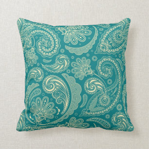 Blue-Green And Beige Creme Vintage Paisley Throw Pillow