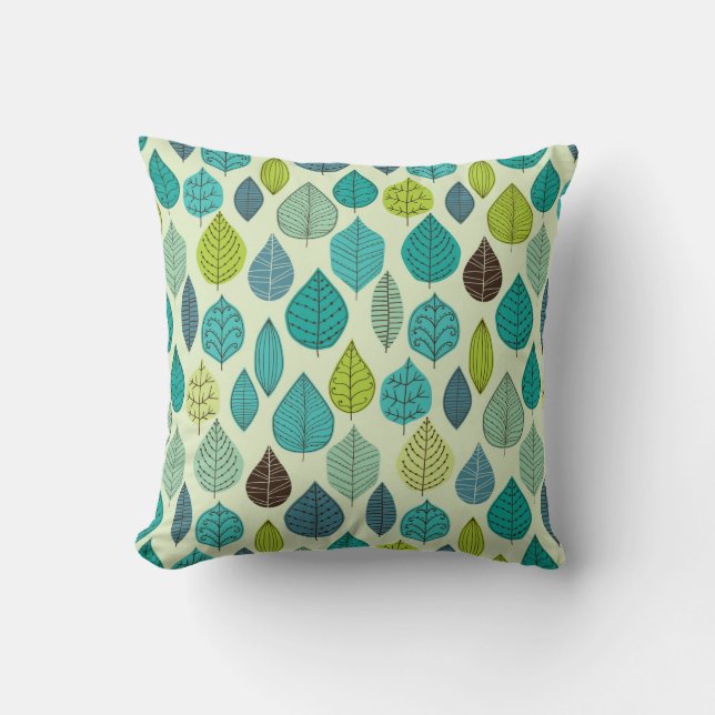 Blue Green And Beige Leafs Pattern Throw Pillow (Front)