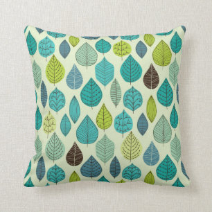 Blue Green And Beige Leafs Pattern Throw Pillow
