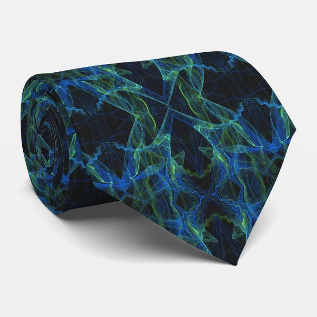 Blue, Green and Black Abstract Fractal Necktie (Rolled)