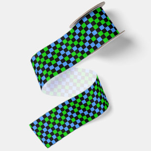 Blue Green And Black Chequered Pattern Satin Ribbon