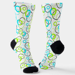 blue green and black rings and circles on white  socks