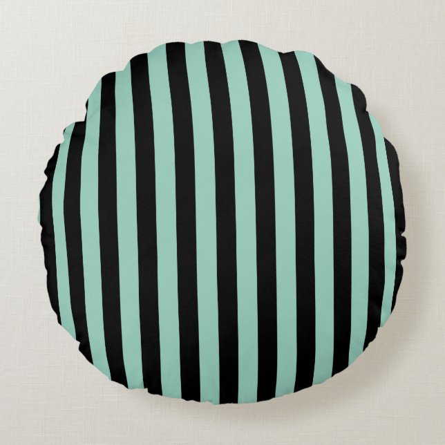 Blue-Green and Black Striped Round Throw Pillow (Front)