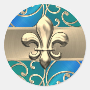 Blue Green and Gold Filigree Swirls Fleur de Lis Classic Round Sticker