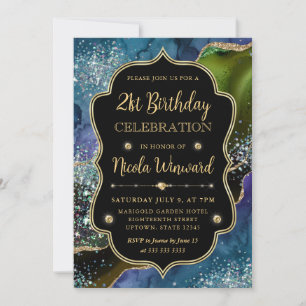 Blue, Green and Gold Glitter Agate Frame Birthday Invitation