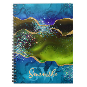 Blue, Green and Gold Glitter Peacock Agate Notebook