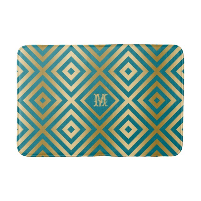 Blue-Green And Gold Modern Geometric Pattern Bath Mat (Front)