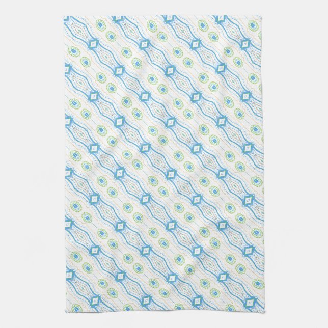 Blue Green and Gold Patterned Kitchen Towel (Vertical)