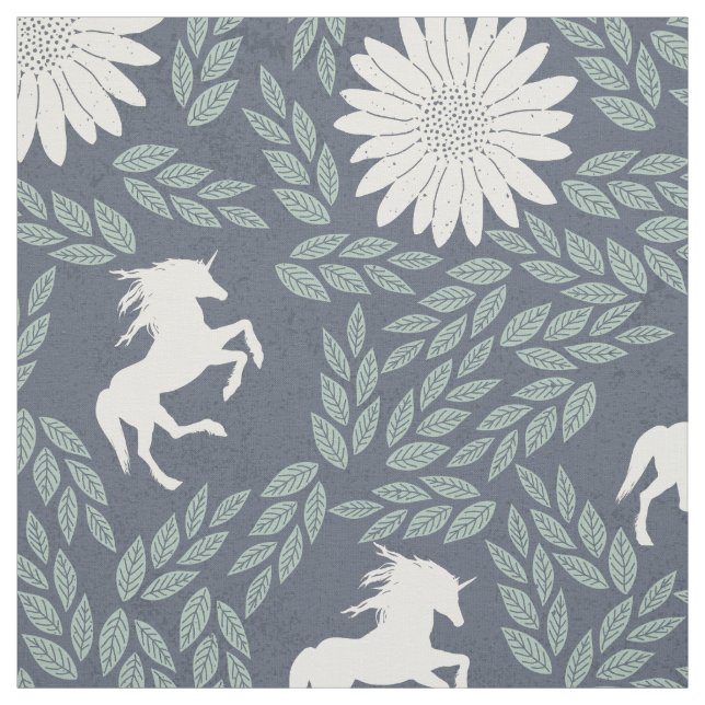 Blue Green and Ivory Unicorn Pattern Fabric (Swatch)
