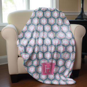 Blue Green and Pink Honeycomb Pattern Monogrammed Fleece Blanket