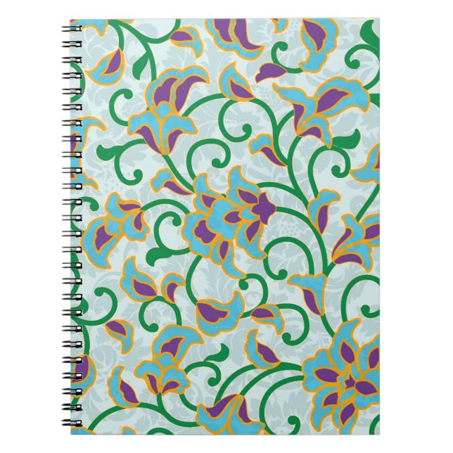 Blue Green And Purple Retro Floral Design Notebook (Front)