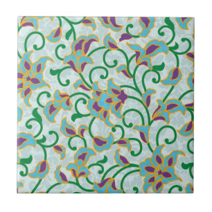 Blue Green And Purple Retro Floral Design Tile