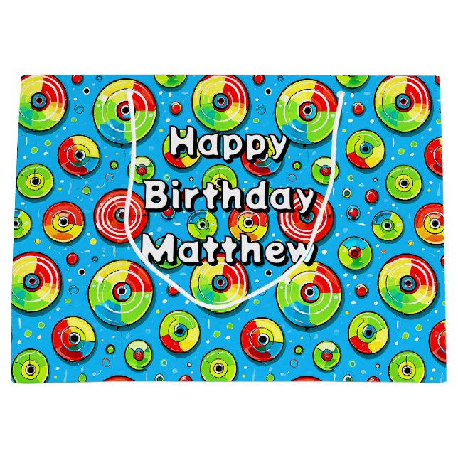 Blue, Green and Red Disc Golf Themed Birthday Large Gift Bag (Front)