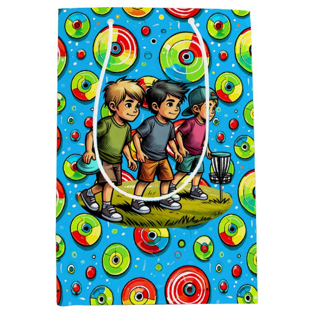 Blue, Green and Red Disc Golf Themed Birthday Medium Gift Bag (Front)