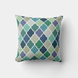 Blue, green and turquoise quatrefoil pattern throw pillow