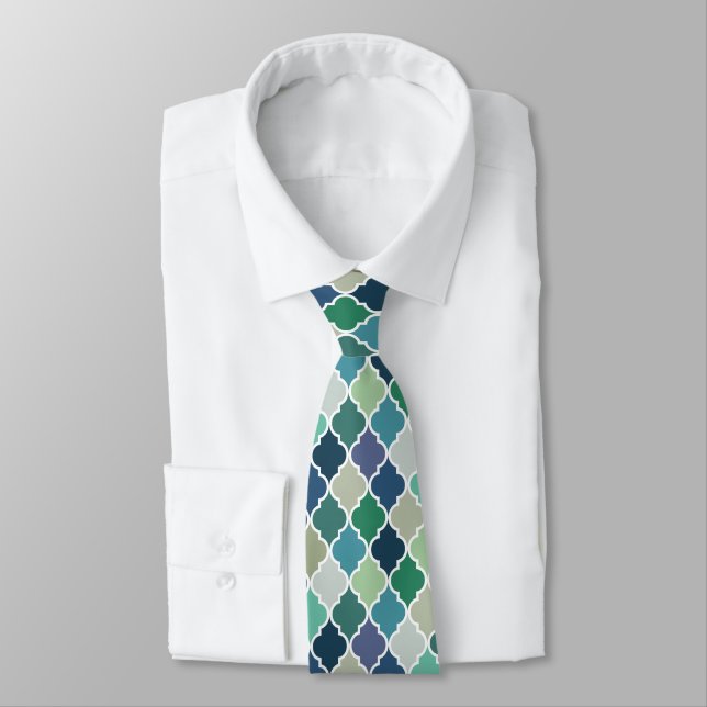 Blue, green and turquoise quatrefoil pattern tie (Tied)