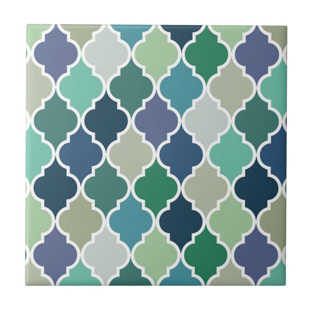 Blue, green and turquoise quatrefoil pattern tile (Front)