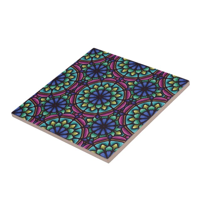 Blue green and violet mandala geometric design tile (Side)