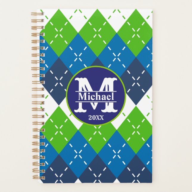 Blue, Green and White Argyle Personalized Planner (Front)
