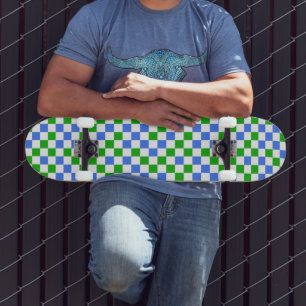Blue Green And White Chequered Pattern Skateboard