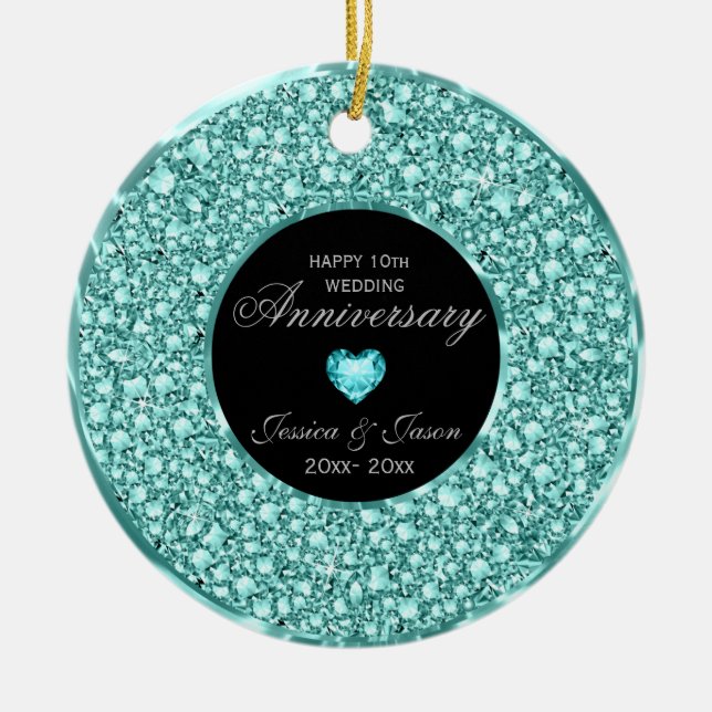 Blue- Green And White Diamonds Silver Heart Ceramic Ornament (Front)