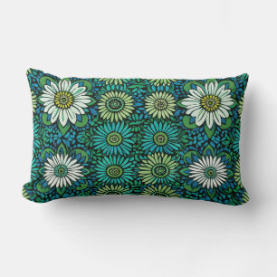 Blue, Green and White Floral Pattern Lumbar Pillow