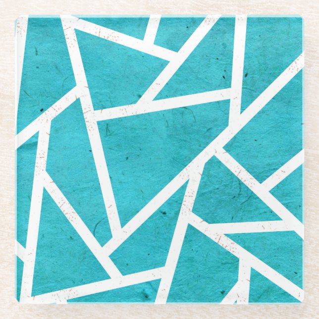 Blue-green and white mosaic pattern glass coaster (Front)